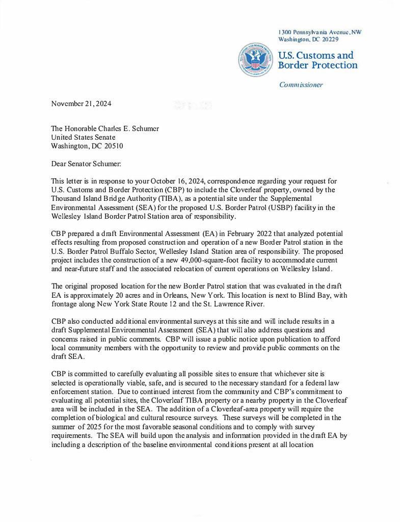 CBP Responds to Schumer’s Request to Consider TIBA as Alternative Site